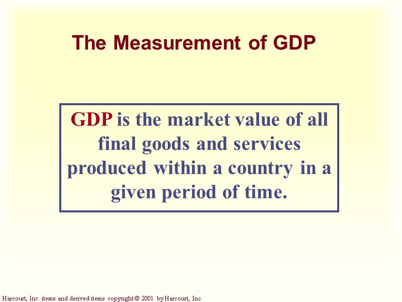 The Measurement of GDP GDP is the market value of all final goods and